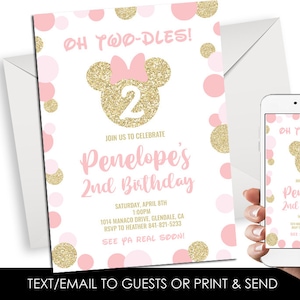 Editable Minnie 2nd Birthday Invitation Inspired Invite Digital 5x7 Second Mouse Pink Gold Polka Dot Glitter Kids Girls Twodles Corjl
