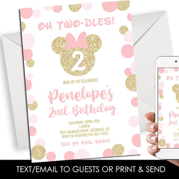 Editable Minnie 2nd Birthday Invitation Inspired Invite Digital 5x7 Second Mouse Pink Gold Polka Dot Glitter Kids Girls Twodles Corjl