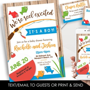 Editable Fishing Baby Shower Invitation Invite Digital 5x7 Set Bundle Fish Sprinkle Reel Excited Boy Fisherman