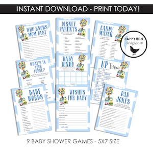 Puede incluir: Nueve juegos de baby shower imprimibles con un esquema de color azul y blanco con una imagen de dibujos animados de una casa con globos. Los juegos incluyen: Qui&eacute;n conoce mejor a mam&aacute;, Padres Disney, Coincidencia de dulces, Qu&eacute; hay en tu bolso, Bingo de beb&eacute;, Deseos para el beb&eacute;, Trivia de Up, Palabras de beb&eacute; y Bromas de pap&aacute;. El texto "9 Baby Shower Games - 5x7 Size" est&aacute; en la parte inferior de la imagen.