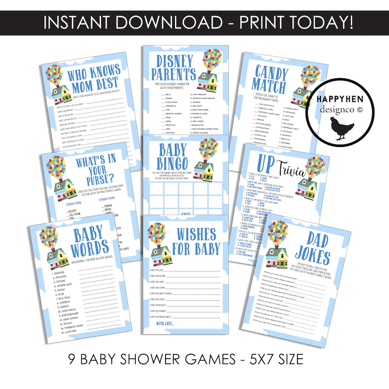 Puede incluir: Nueve juegos de baby shower imprimibles con un esquema de color azul y blanco con una imagen de dibujos animados de una casa con globos. Los juegos incluyen: Qui&eacute;n conoce mejor a mam&aacute;, Padres Disney, Coincidencia de dulces, Qu&eacute; hay en tu bolso, Bingo de beb&eacute;, Deseos para el beb&eacute;, Trivia de Up, Palabras de beb&eacute; y Bromas de pap&aacute;. El texto "9 Baby Shower Games - 5x7 Size" est&aacute; en la parte inferior de la imagen.