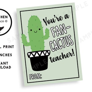 Cactus Teacher Appreciation Week Impression numérique Téléchargement instantané 3 x 4 Carte-cadeau Étiquette imprimable Fan-cactus Teachers