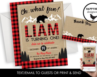 May include: A red and black plaid invitation with a brown background. The invitation says "Oh what fun! Liam is turning one!" with a bear illustration. The invitation includes details for a birthday party, including the date, time, and location. The text "TEXT/EMAIL TO GUESTS OR PRINT & SEND" is at the bottom of the invitation.