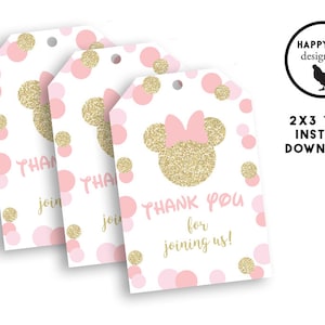 Etiqueta de agradecimento da Minnie, etiqueta de agradecimento, rato, glitter rosa, aniversário, chá de bebê, impressão digital, download instantâneo