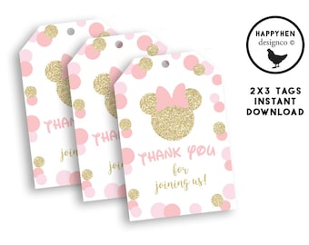 Minnie julgranskulor tacketikett mus rosa glitter födelsedag babyshower digital utskrivbar direktnedladdning