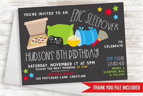 boys sleepover invite invitation birthday slumber party 7x5 digital chalkboard kids gaming sleeping bag sleepover invitations for boys
