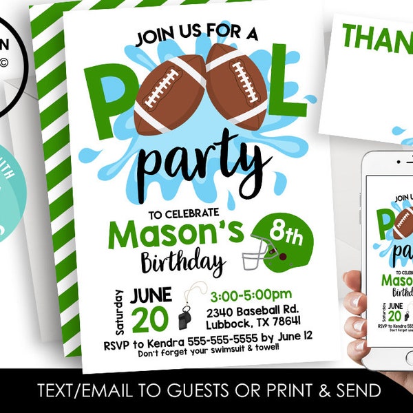 Editable Football Pool Party Invite Invitation Kids Birthday Digital Splash Theme Sports Foot Ball Boys Green 5x7