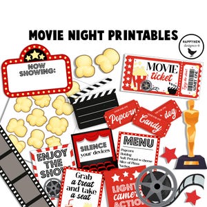 以下が含まれることがあります： 赤、白、黒の配色でデザインされた、映画の夜の印刷物コレクション。ポップコーン、映画のチケット、フィルムリール、オスカー像が含まれています。「Movie Night Printables」、「Now Showing」、「Enjoy the show!」などのテキスト。