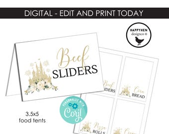 Disneyland Bridal Shower Food Tents Editable Template Digital Instant Download 3.5x5 Gold Party