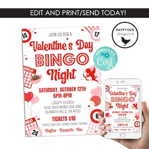 Editable Valentine's Day Bingo Template Invite Invitation Digital 5x7 Instant Download Pink Red Party Event Fundraiser