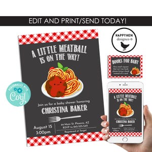 Editable Meatball Baby Shower Invitation Invite Digital Bundle 5x7 Spaghetti Pasta Sprinkle Set Italian Food