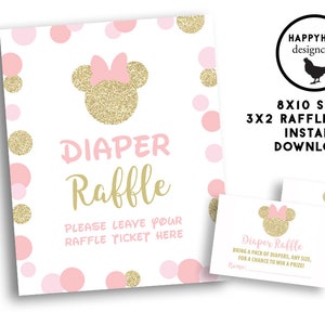 Minnie Diaper Shower Games Printable Mouse Pink Diaper Raffle Display Sign 8x10 Glitter Pink