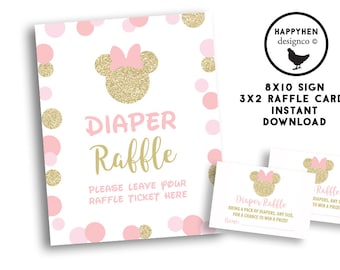 Juegos para baby shower de Minnie Mouse Imprimible Letrero Rosa para Rifa de Pañales 8x10 Brillante Rosa