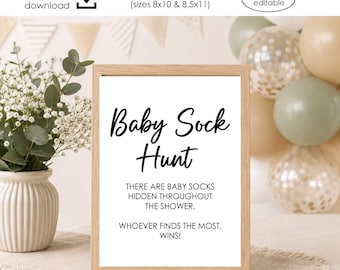Baby Sock Hunt Digital Sign Print Instant Download Printable Game Baby Shower Games Simple Modern