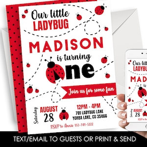 Editable Ladybug Invitation Invite First Birthday 1st Party Digital 5x7 Red Black Girls Bug Lovebug Kids Birthday