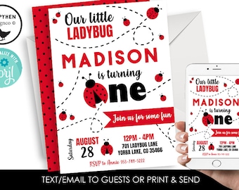Editable Ladybug Invitation Invite First Birthday 1st Party Digital 5x7 Red Black Girls Bug Lovebug Kids Birthday