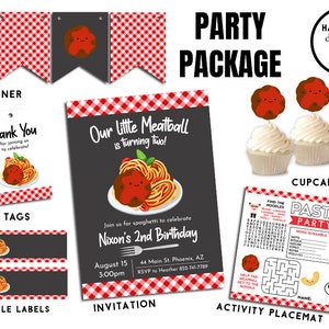 Convite de aniversário de almôndega, pacote de festa, conjunto digital de macarrão, espaguete infantil, qualquer idade, primeiro primeiro