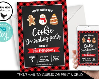 May include: A black invitation with a red and black plaid border, featuring gingerbread man, snowman, and Christmas tree cookie illustrations. The text reads "Cookie Decorating Party" hosted by The Morrison's. A smartphone displays the same invitation.