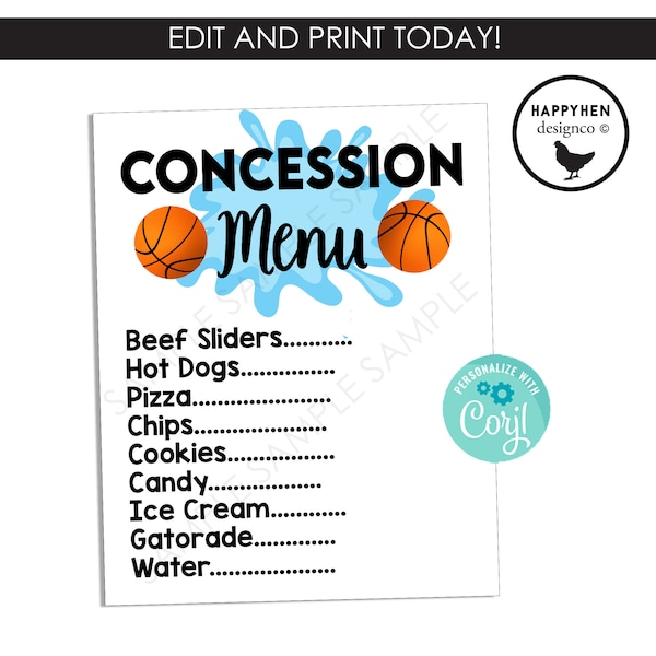 Editable  Basketball Pool Party Concession Menu Printable 8x10 Instant Download Kids Party Decor