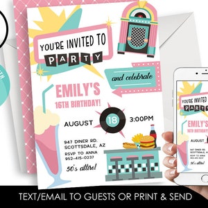 Editable 50&#39;s Themed Birthday Invitation Invite Party Kids Adults ANY AGE Digital 5x7 Sock hop Fifties Sockhop Diner