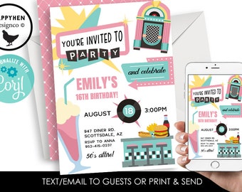 Editable 50's Themed Birthday Invitation Invite Party Kids Adults ANY AGE Digital 5x7 Sock hop Fifties Sockhop Diner