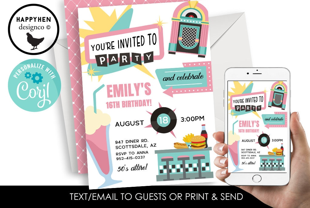 Editable 50s Themed Birthday Invitation Invite Party Kids Adults ANY AGE Digital 5x7 Sock hop Fifties Sockhop Diner