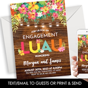 Editable Engagement Luau Invitation Invite Digital 5x7 Hawaiian Topical Shower Party Watercolor Floral Wood