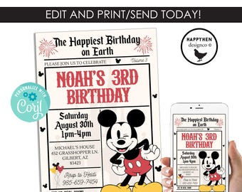 Mickey Mouse Vintage Invitation Birthday Party Kids EDITABLE Template Invite Digital 5x7
