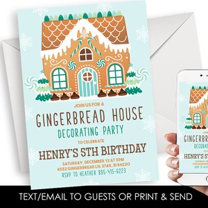 Editable Gingerbread Birthday Invitation Invite Blue Digital 5x7 Boys Kids Party Christmas Cookie House Winter
