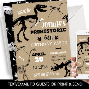 Editable Dinosaur Invitation Invite Birthday Party Kids Prehistoric Black White 5x7 Digital Bones Fossil