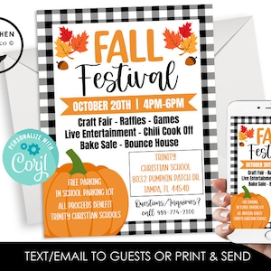 May include: Fall Festival invitation with a black and white checkered border, featuring orange and yellow leaves, acorns, and a pumpkin graphic. The invitation includes event details such as date, time, and activities. A smartphone displays the same invitation.