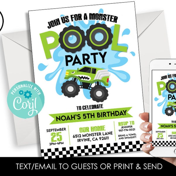 Editable Monster Truck Pool Party Invitation Birthday Invite Digital 5x7 Template Kids Green Instant Download