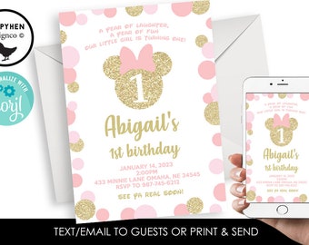Editable Minnie Birthday Invite Invitation 1st First Digital Mouse Inspired 5x7 Themed Pink Gold Glitter Polka Dot