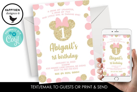 Editable Minnie Birthday Invite Invitation 1st First Digital Mouse Inspired 5x7 Themed Pink Gold Glitter Polka Dot