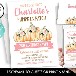 May include: A birthday invitation card and matching thank you card featuring watercolor pumpkins topped with pink and white flowers. The text reads: You're invited to Charlotte's Pumpkin Patch 2nd Birthday Bash, October 20, 2022 at 2pm.