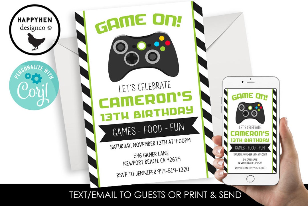 Editable Gamer Invitation Invite Gaming 5x7 Digital Birthday Game on