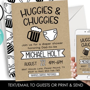 Editable Huggies & Chuggies Invite Invitation Digital Diaper Shower Party Sprinkle Dad Man Father 5x7