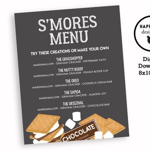 Smores Menu Sign Digital 8x10 S&#39;mores Chalkboard Digital File Dessert Party Birthday