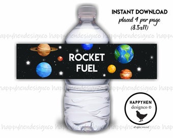 Printable Space Water Bottle Labels Birthday Digital Astronaut Planets Party Kids Houston Boys Girls 8X2