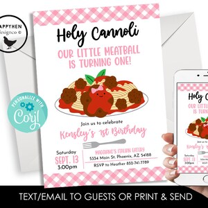 Editable Meatball Birthday Pink Girls 1st Invite Party ONE Digital 5x7 Spaghetti Template Instant Download