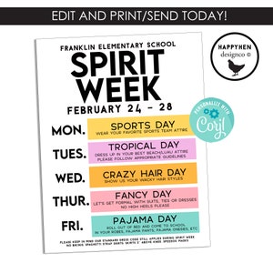 May include: A printable spirit week schedule for Franklin Elementary School. The schedule lists the days of the week from Monday to Friday with a theme for each day. The themes are: Sports Day, Tropical Day, Crazy Hair Day, Fancy Day, and Pajama Day. The schedule also includes the dates of the spirit week, February 24-28.