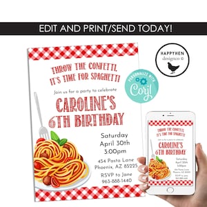 Editable Spaghetti Birthday Invitation Invite Digital 5x7 Pasta Kids ANY AGE Italian Food Meatballs TEMPLATE Instant Download