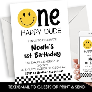 Editable One Happy Dude Birthday Invitation 1st Party Smile Face Checkered Trendy Digital Invite