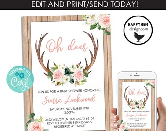 Deer Baby Shower Invite Invitation Template Watercolor Oh Deer Pink Floral EDITABLE 5x7 Digital Instant Download