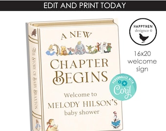 Storybook Baby Shower Welcome Sign 16x20 EDITABLE Template Instant Download New Chapter Poster