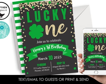 Editable Lucky One 1st Invitation Invite First Digital 5x7 Gold Green Kids Birthday Party St. Patrick's Shamrock Chalkboard