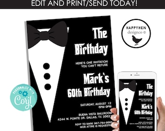 May include: Black and white birthday invitation featuring a tuxedo design with a bow tie and three buttons. The invitation reads "The Birthday" and "Mark's 60th Birthday". The text "Edit and Print/Send Today!" is at the top.