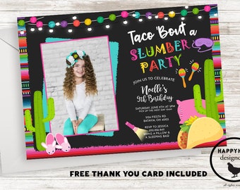 Fiesta Sleepover Slumber Party Invitation Invite Taco Photo Picture Birthday Kids Girls Digital 5x7