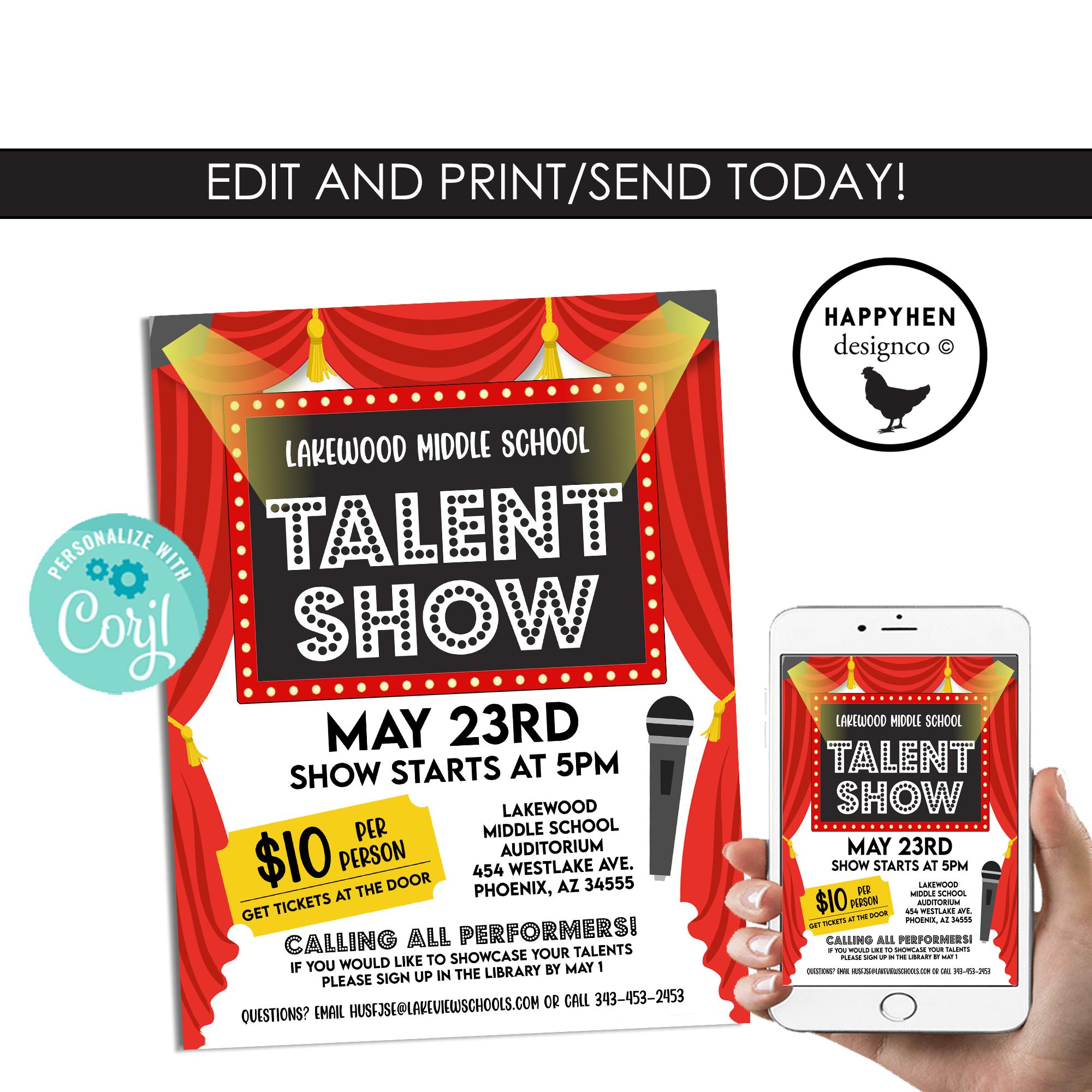 Talent Show Flyer EDITABLE Template 8.5x11 Instant Download School ...