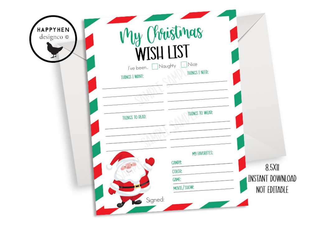 Christmas Wish List Printable Digital 8.5x11 Kids Santa Letter Wishlist ...